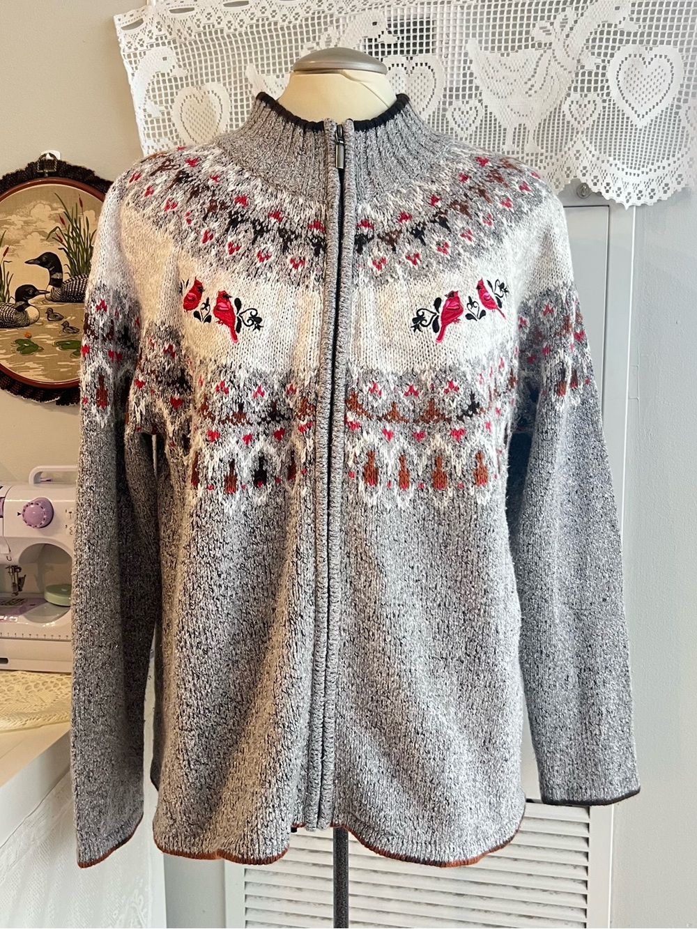 Northern Reflections Gray and red bird embroidered zip up sweater